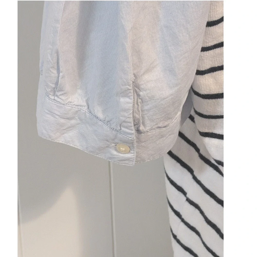 LOFT Striped Henley Top XL White Navy Mixed Media Puff Sleeve Nautical Preppy